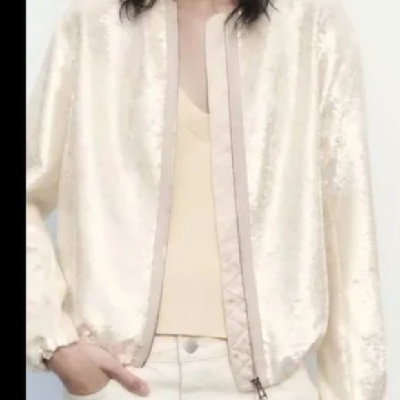 NWT Zara Sequin Bomber Jacket White/Beige - Picture 1 of 10